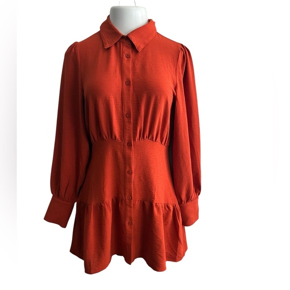 Lelis Deep Orange Long Sleeve Bishop Collar Dress M - Picture 2 of 13